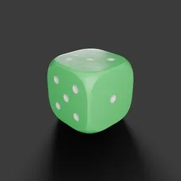 Green digital dice 3D model with customizable shaders for gaming, designed in Blender.