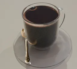 Detailed 3D model of a black coffee in a clear glass with spoon, ideal for Blender rendering.