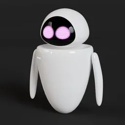"3D model of EVE, the robot friend in Wall-E, with pink eyes and a white body standing on a black surface. Created with Blender 3D software, this animation character comes in .ai format and is rendered using cycles render engine. Concept image with a centered view and white background perfect for pixar art 3D enthusiasts."