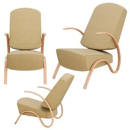 High-quality 3D model of a modern chair with curved wooden arms and beige upholstery, optimized for Blender rendering.
