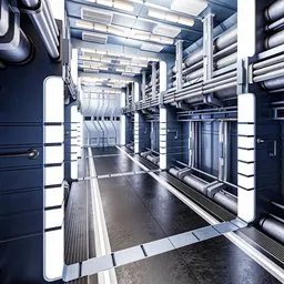 "Explore a sci-fi spaceport in this 3D model of a modular hexagonal corridor. With white, silver, and blue color schemes, large arrays of pipes and connectors, and adjacent hallways, this asset is perfect for visualizations, advertising renders, and more. Designed for Blender 3D, this prerendered graphic is a trending digital art masterpiece."