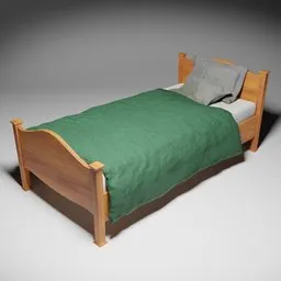 "Low poly wooden bed with green cover rendered in Blender 3D. Inspired by John Crawford Brown and David Ramsay Hay, this detailed model features a realistic wood effect and is perfect for creating cozy bedroom scenes. Recommended to use with Cycle for a velvet shader."