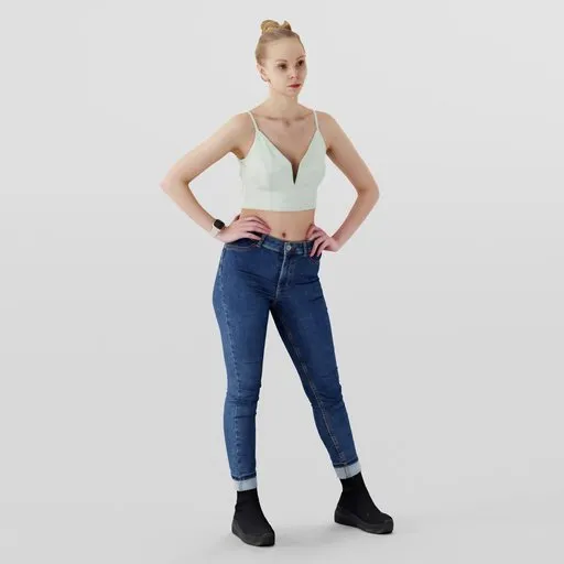 3D model of young female in casual attire with smartwatch and smartphone in Blender.