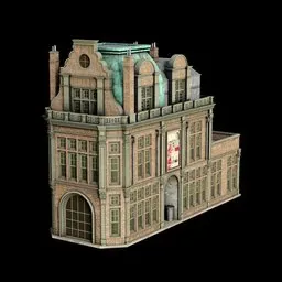 "3D model of The Roebuck building with clock on top, inspired by Hendrik Willem Mesdag. Rendered in Blender 3D, this replica model boasts extreme detail in its data center and frontal angle view. Moody Wes Anderson aesthetic and aggressive rococo architecture make it a trending choice on ZBrush Central."