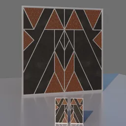"3D panel wall decoration featuring a black design with brown leather texture, inspired by Cedric Seaut's work and Manowar album cover. Perfect for Blender 3D projects. Polynesian style with metallic skin and angular minimalism."