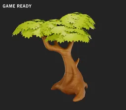 Detailed 3D model of a stylized, cartoon-like tree with lush green foliage and a twisted trunk, suitable for Blender animation and gaming.