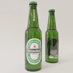 Realistic 3D model of a green Heineken beer bottle, suitable for Blender rendering and graphics projects.