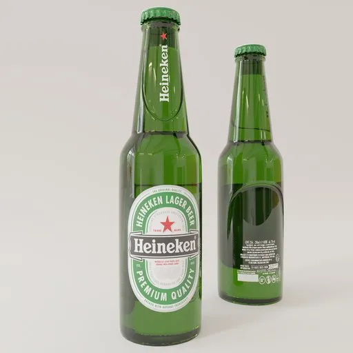 Realistic 3D model of a green Heineken beer bottle, suitable for Blender rendering and graphics projects.