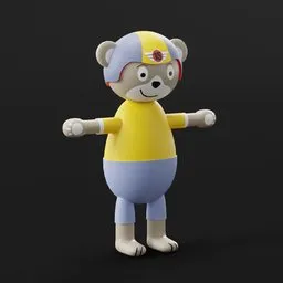 "Motorcycle Bear Riding: A low poly 3D model depicting a toy bear wearing a helmet and a yellow shirt. This character model, inspired by Kanzan Shimomura and Otomo, showcases the bear with its arms behind its back. Ideal for creating engaging games and animations in Blender 3D."