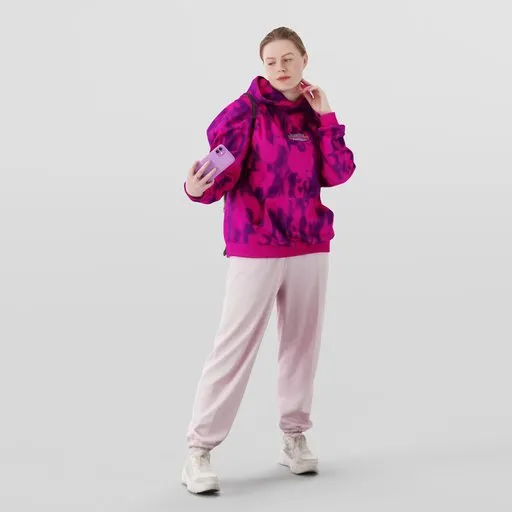 Realistic 3D model of a young woman in pink hoodie and sweatpants posing with a phone for a selfie, Blender compatible.
