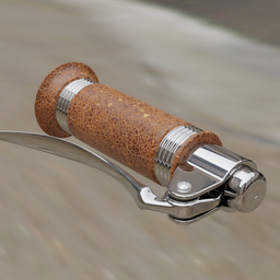 Detailed 3D model of a vintage motorcycle handle with metal and leather textures, suitable for Blender renderings.