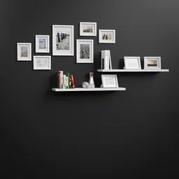 Detailed 3D-rendered wall shelf with frames and books, ideal for interior design mockups in Blender.