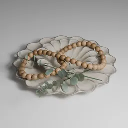 Realistic 3D model of a minimalistic ceramic dish with wooden beads and eucalyptus for Blender rendering.