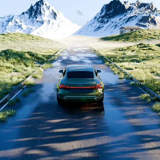 Hyperrealistic Car on Rural Highway
