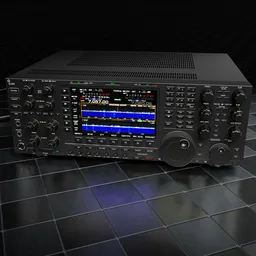 Detailed 3D model of high-end ICOM radio transceiver with illuminated buttons and adjustable cables, rendered in Blender.