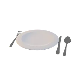 Detailed 3D model of tableware including plate, fork, knife, and spoon, compatible with Blender.