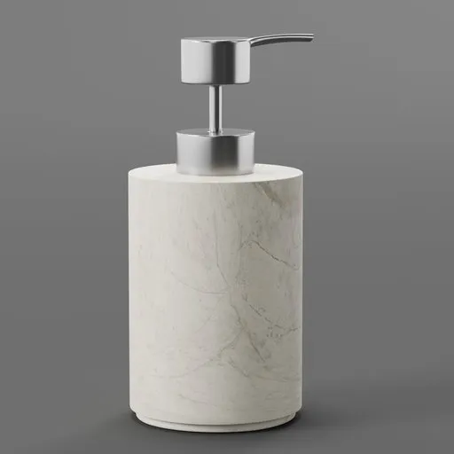 Realistic Blender 3D model of marble-textured soap dispenser with chrome pump for bathroom decor visualization.