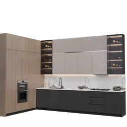 Modern kitchen 3D model in Blender with sleek design, high-resolution textures, and marble countertop, showcasing cabinets and appliances.
