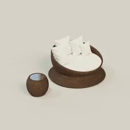 Round wooden 3D model sofa with white cushions and small table, compatible with Blender for interior and garden design.