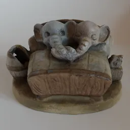 "Clay Elephant Ornament for Blender 3D: Sculpture modeled in 3D, with a well-loved appearance and multiple repairs. AI generated 3D render with wooden bowl, defocus, and photoscan techniques by Jesper Myrfors."