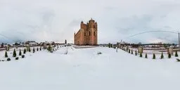 360° winter HDR panorama with a church in snowy landscape for realistic lighting in 3D scenes.