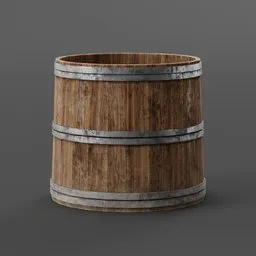Realistic 3D model of an aged wooden brewer tub with metal bands, ideal for fantasy tavern renders in Blender.
