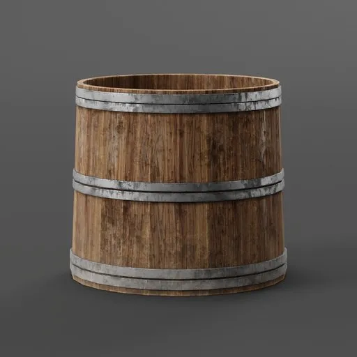Realistic 3D model of an aged wooden brewer tub with metal bands, ideal for fantasy tavern renders in Blender.