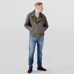 3D model of stylish young male in vintage leather jacket and jeans, for Blender rendering.