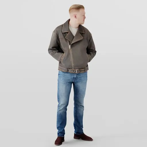 3D model of stylish young male in vintage leather jacket and jeans, for Blender rendering.