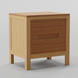 "XF Bedside Table, a 3D model for Blender 3D, designed by Kōno Bairei with realistic proportions and a wooden side table featuring a drawer, inspired by Tadashi Nakayama. This paid art asset is perfect for adding a touch of elegance to any bedroom interior. Dimensions: 47x37x50."