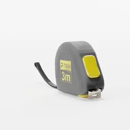 Realistic 3D model of grey and yellow measuring tape with extended metric blade, compatible with Blender visualization.