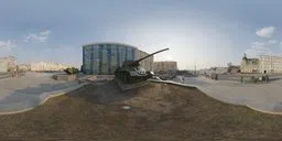 360-degree urban HDR panorama featuring a museum exterior and military tank for realistic lighting in 3D scenes.