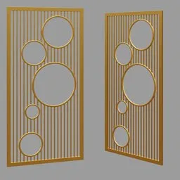 "Gold metal doors with circle design, inspired by Isamu Noguchi's art deco style. Perfect for interior decoration. 3D model created using Blender 3D software."