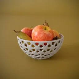 "3D model of a fruit basket with apples and pears, created with Blender 3D software. The hyper-realistic depiction features a white bowl on a table with brown and white hues, rendered with Redshift technology. Perfect for game-style graphics and trending on Artforum."