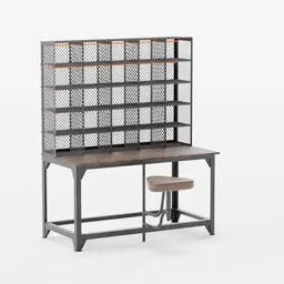 "Blender 3D model of a restaurant/waiter's station with metal mesh cabinet base, movable chair, and neon shelves. Industrial-inspired design featuring perforated metal, dark grey and orange colors, and industrial lighting. Highly-detailed and perfect for cafes, restaurants, or bars."