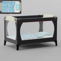 "3D model of a baby cot bed with subdivision control, created using Blender 3D software. Rendered in Lumion Pro, with a dark grey background and a monitor. Perfect for kids' furniture design. Support the creator on Patreon and share with others."