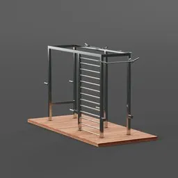 Detailed 3D rendering of an outdoor gym equipment model with metallic structures and wooden base, compatible with Blender.