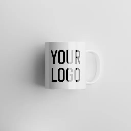 Minimalist white mug with placeholder for branding on a seamless background, ideal for Blender 3D mockup renders.