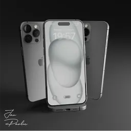 Highly detailed white iPhone 15 Pro Max 3D model with triple-camera, realistic textures and display, suitable for Blender rendering.