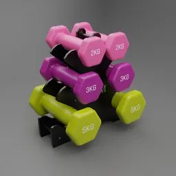 "Set of women's dumbbells for Blender 3D - includes 2kg, 3kg and 5kg weights - perfect for gym equipment product design renderings."