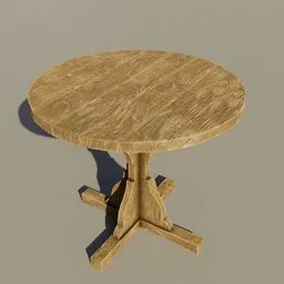 Rustic wooden 3D model of a small medieval round table, designed for Blender, with intricate textures and realistic lighting.