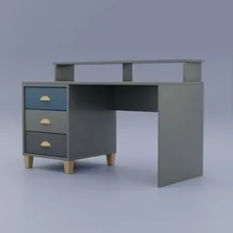 "3D model of a desk with three drawers from the Nathan Furniture Family, designed in Blender 3D. The desk features a shelf and smooth illustrations in shades of blue and grey, perfect for any modern, constructivist design. Created by Marten Post, this hyper-realistic CAD model is ideal for kids furniture sets."