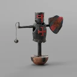 Detailed 3D Blender model of a medieval training dummy with a mace and shield.