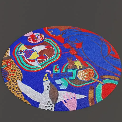 Vivid textured 3D round carpet model with abstract patterns for Blender rendering.