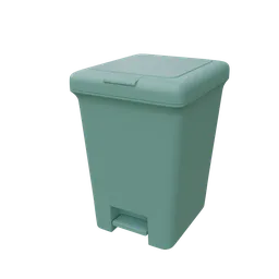 3D model of a teal office trash bin with lid, designed in Blender for efficient office storage solutions.