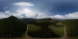 360-degree HDR panorama of sunlit mountains with clear skies for scene lighting.