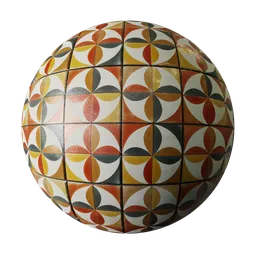 1970s Retro Design PBR Material for Blender 3D, featuring colorful geometric patterns with displacement mapping.