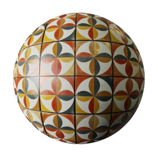 1970s Retro Design PBR Material for Blender 3D, featuring colorful geometric patterns with displacement mapping.