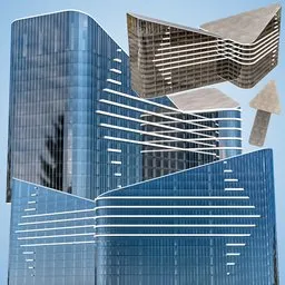 Contemporary style 3D modeled business center with glass facade and arrow-shaped stripes for architectural visualization.