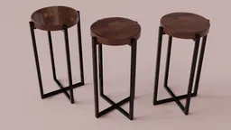 Detailed modern 3D model of bar stools with wooden seats and angular metal frames, rendered in Blender.